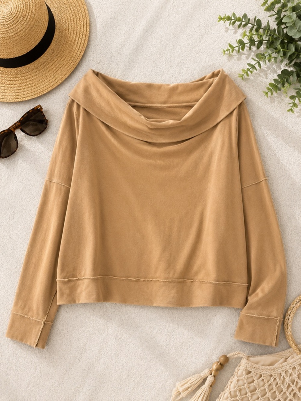 We The Free Free People Camel Cowl Neck Oversized Cotton Sweatshirt X